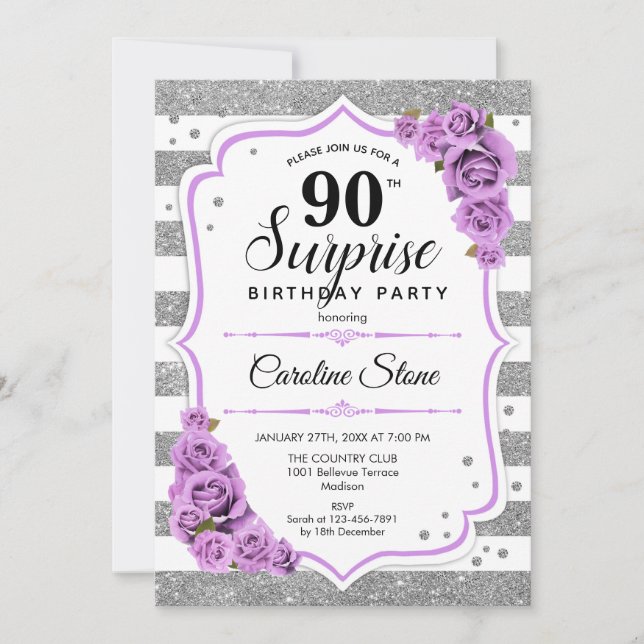 Invitation Surprise 90e anniversaire - Argent blanc violet (Devant)