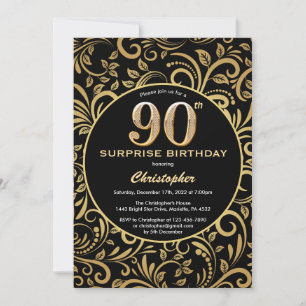 Invitation Surprise 90e anniversaire Black and Gold Floral