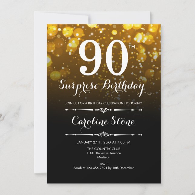 Invitation Surprise 90e anniversaire - Black Gold White (Devant)
