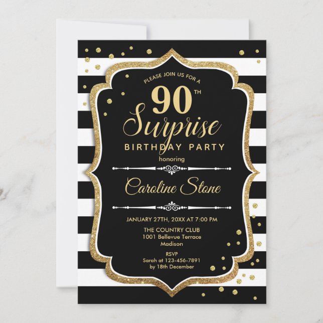 Invitation Surprise 90e anniversaire - Black White Gold (Devant)