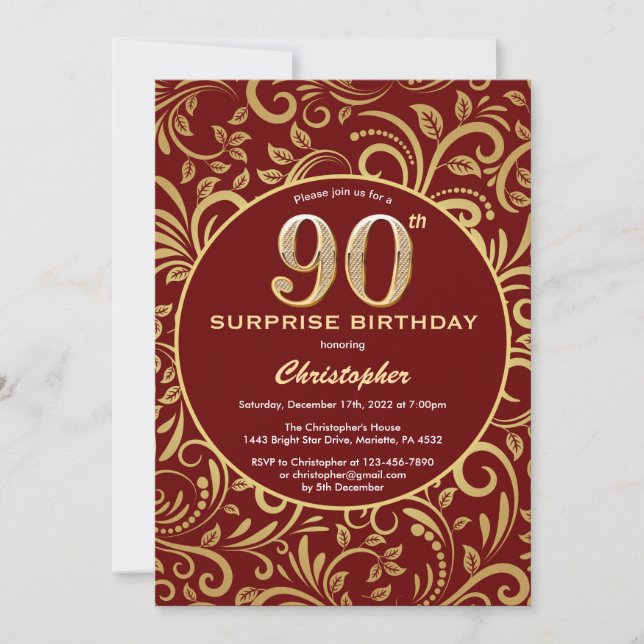 Invitation Surprise 90e anniversaire Bourgogne Rouge & Or Flo (Devant)