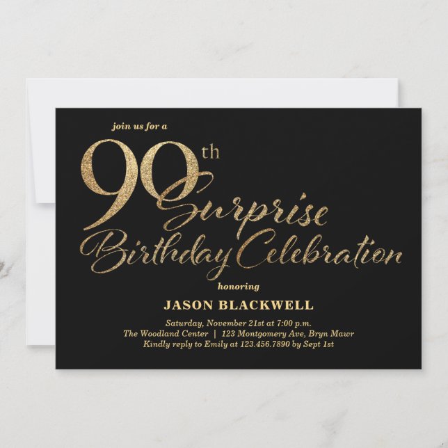 Invitation Surprise 90e anniversaire Célébration Black & Gold (Devant)