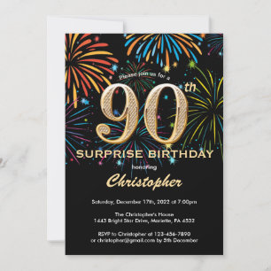 Invitation Surprise 90e Anniversaire Feu d'Artifice Noir Or A