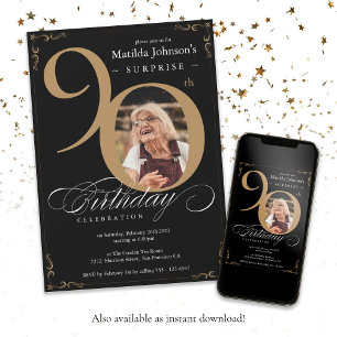 Invitation Surprise 90e anniversaire Gold Black Photo personn