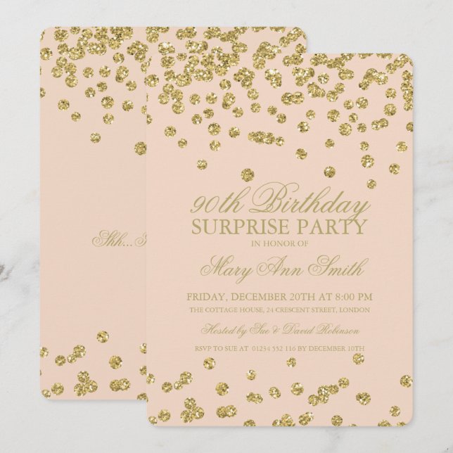 Invitation Surprise 90e anniversaire Gold Parties scintillant (Devant / Derrière)