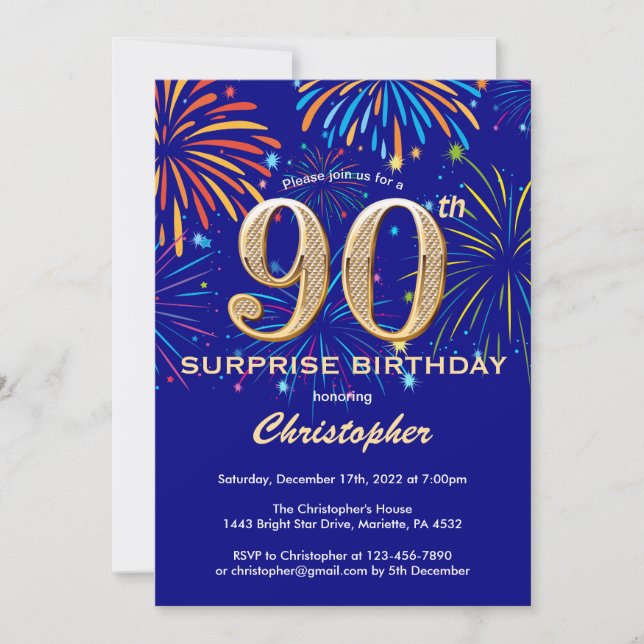 Invitation Surprise 90e anniversaire Marine Blue & Gold Firew (Devant)