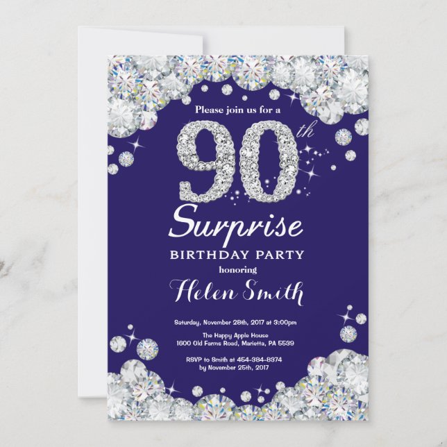 Invitation Surprise 90e anniversaire Marine Blue Silver Diamo (Devant)
