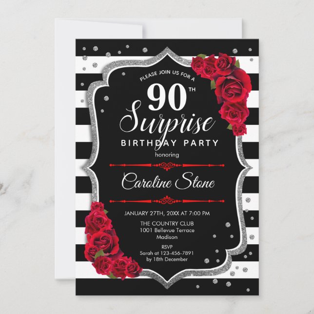 Invitation Surprise 90e anniversaire - Noir Blanc Rouge (Devant)