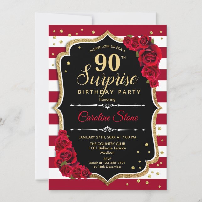 Invitation Surprise 90e anniversaire - Noir Blanc Rouge (Devant)