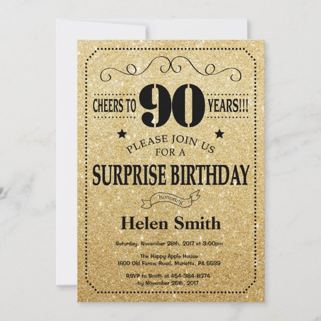 Invitation Surprise 90e anniversaire Parties scintillant noir (Devant)