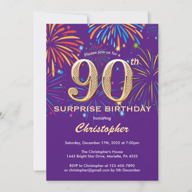 Invitation Surprise 90e anniversaire Purple and Gold Firework (Devant)