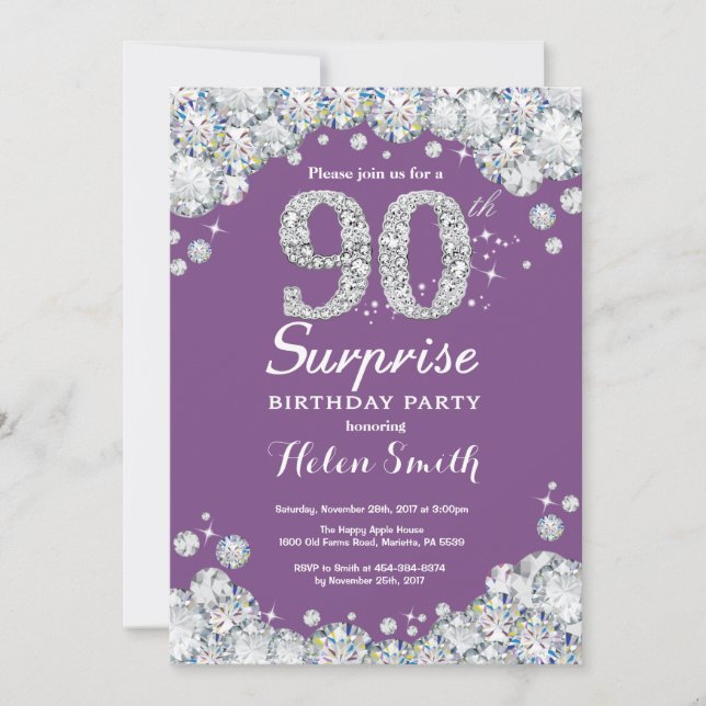 Invitation Surprise 90e anniversaire Purple et Silver Diamond (Devant)