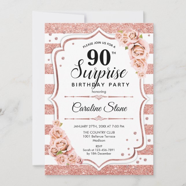 Invitation Surprise 90e anniversaire - Rose Gold White Rose (Devant)