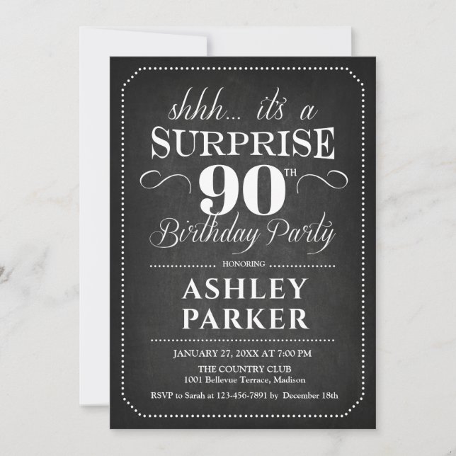 Invitation Surprise 90e anniversaire - tableau noir blanc (Devant)