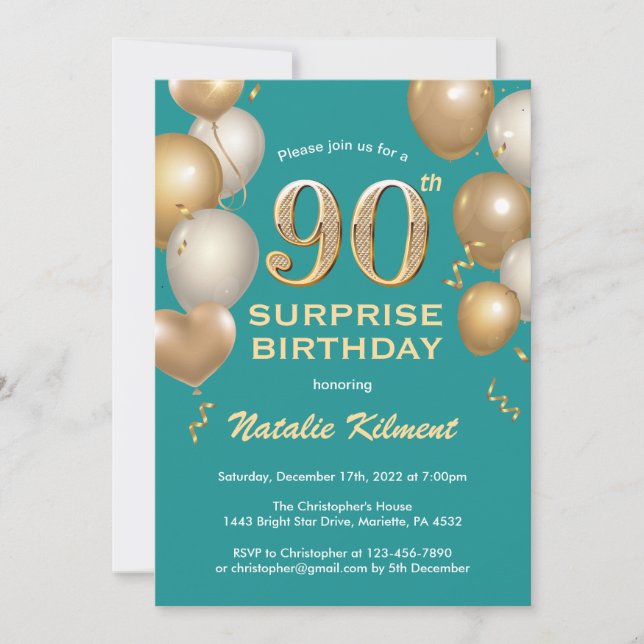 Invitation Surprise 90e anniversaire Turquoises et Ballons d' (Devant)