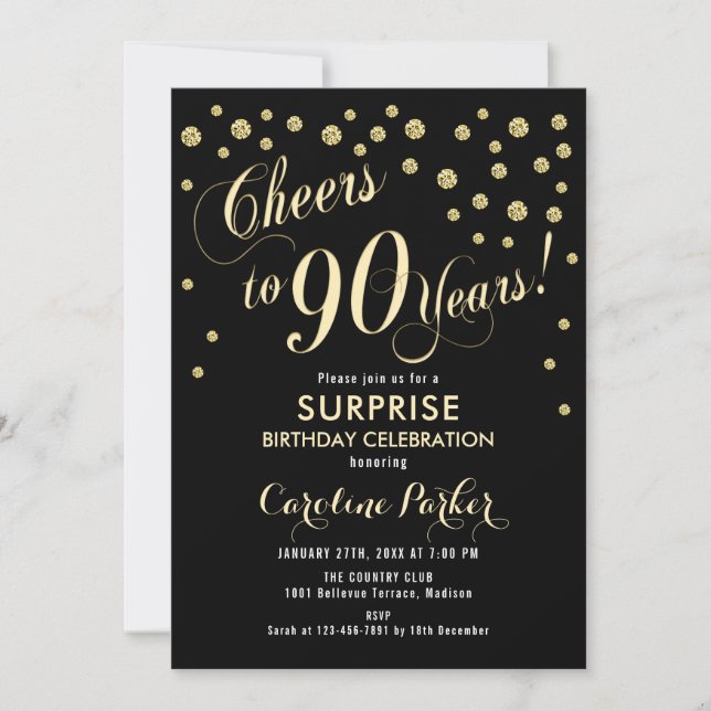 Invitation Surprise 90e fête d'anniversaire - Gold Black (Devant)