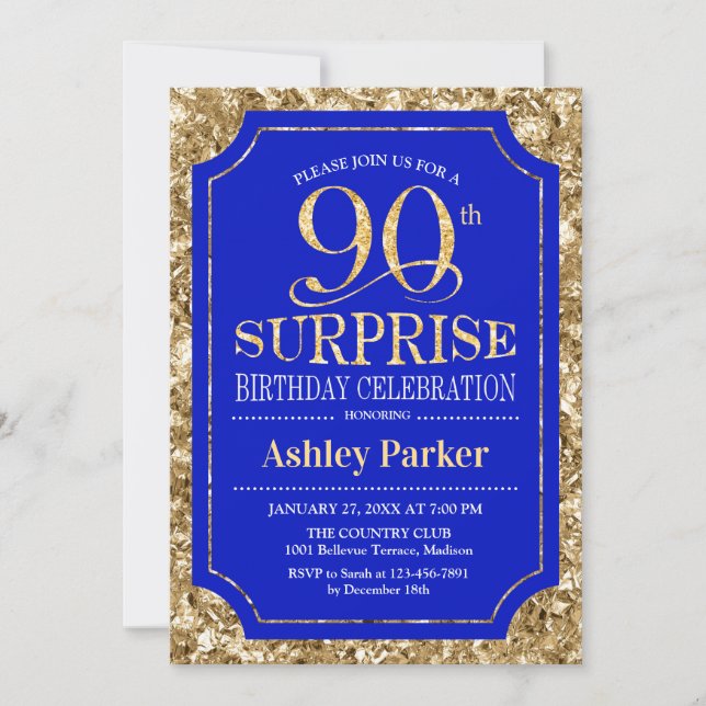 Invitation Surprise 90e fête d'anniversaire - Gold Royal Blue (Devant)