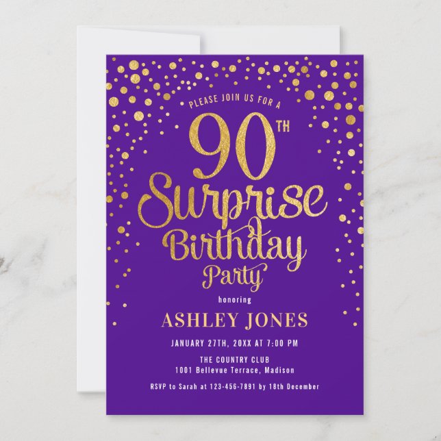 Invitation Surprise 90e fête d'anniversaire - Purple & Gold (Devant)