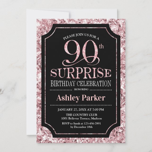 Invitation Surprise 90e fête d'anniversaire - Rose Gold Black (Devant)