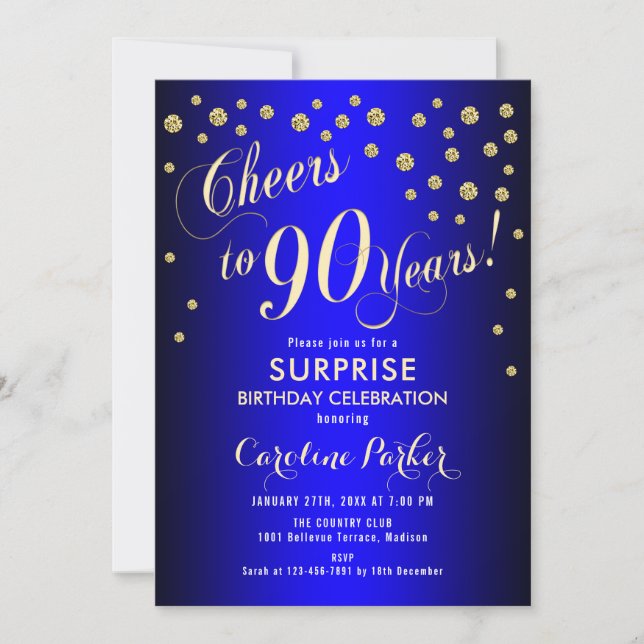 Invitation Surprise 90e fête d'anniversaire - Royal Blue Gold (Devant)