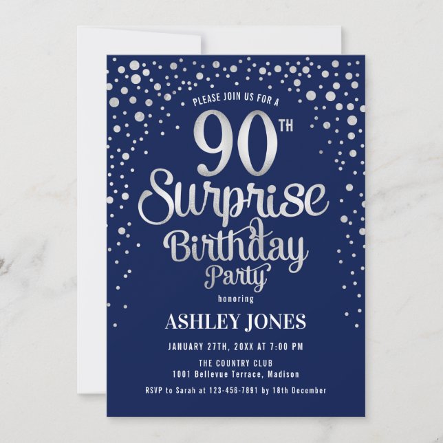 Invitation Surprise 90e fête d'anniversaire - Silver & Navy B (Devant)