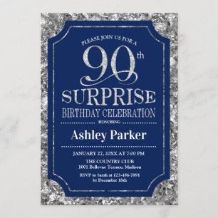 Invitation Surprise 90e fête d'anniversaire - Silver Navy Blu