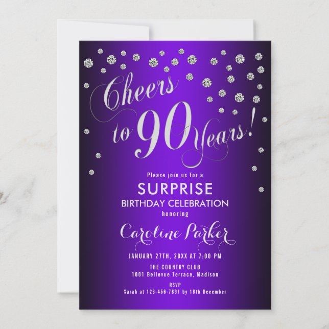 Invitation Surprise 90e fête d'anniversaire - Silver Purple (Devant)