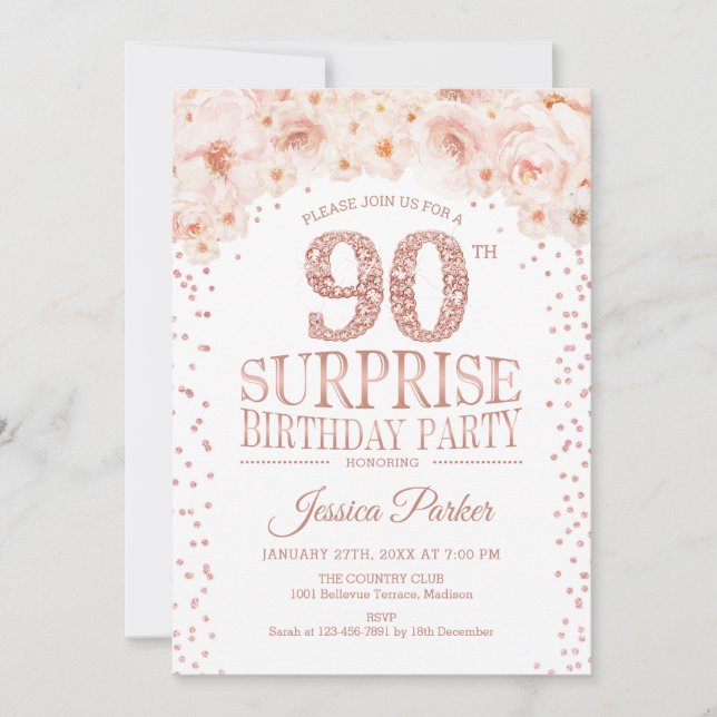 Invitation Surprise 90e fête d'anniversaire - White Rose Gold (Devant)
