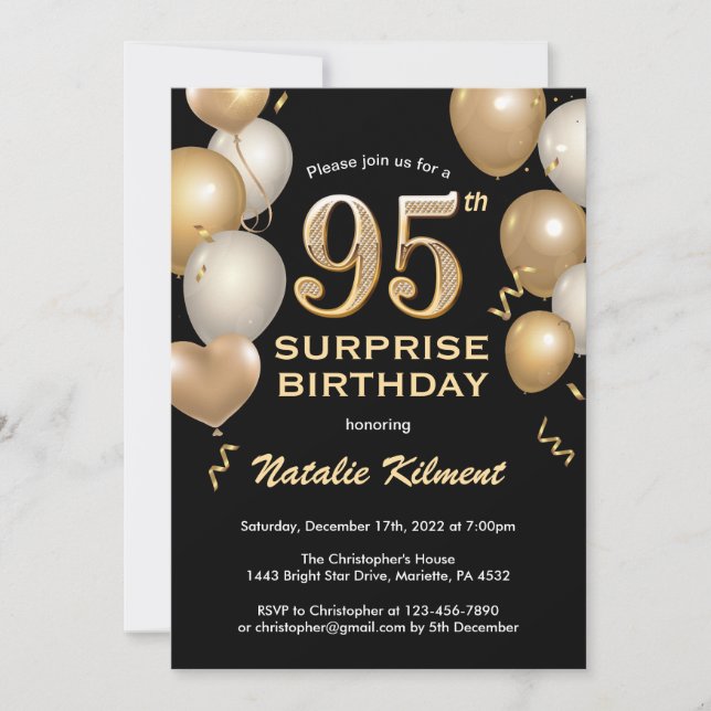 Invitation Surprise 95e anniversaire Ballons Noir et Or (Devant)