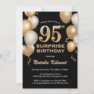 Invitation Surprise 95e anniversaire Ballons Noir et Or