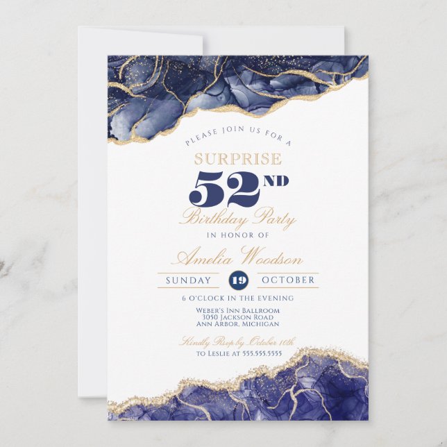 Invitation Surprise Adulte Anniversaire Élégant Marine Agate  (Devant)
