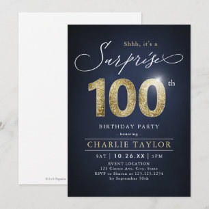 Invitation Surprise adulte moderne bleu et or 100e anniversai