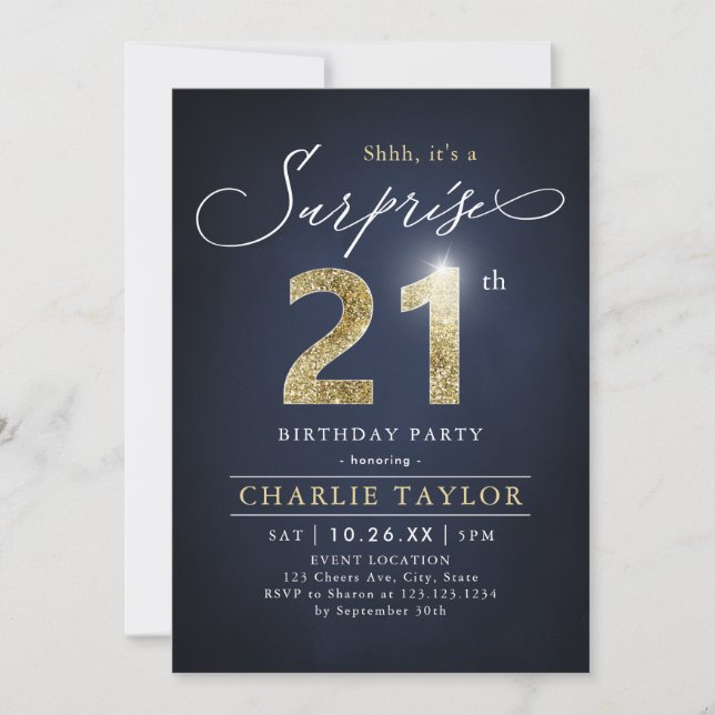 Invitation Surprise adulte moderne bleu et or 21e anniversair (Devant)