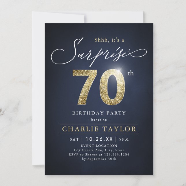 Invitation Surprise adulte moderne bleu et or 70e anniversair (Devant)