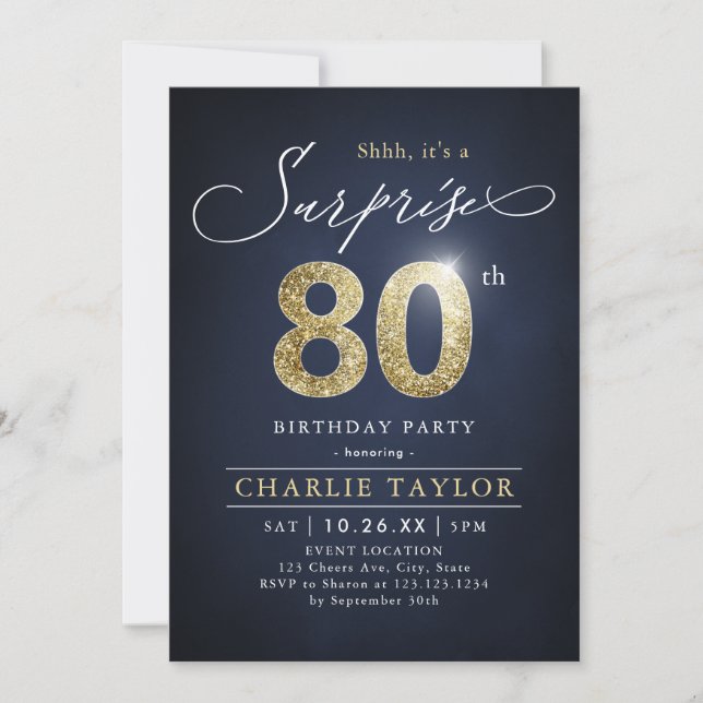 Invitation Surprise adulte moderne bleu et or 80e anniversair (Devant)