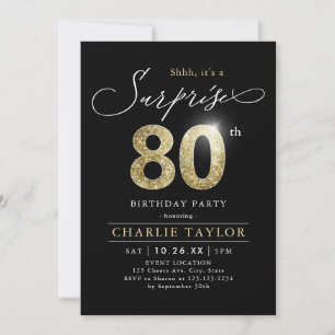 Invitation Surprise adulte moderne noir et or 80e anniversair