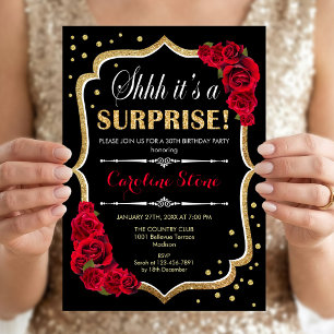 Invitation Surprise Anniversaire - Black Gold Red Roses