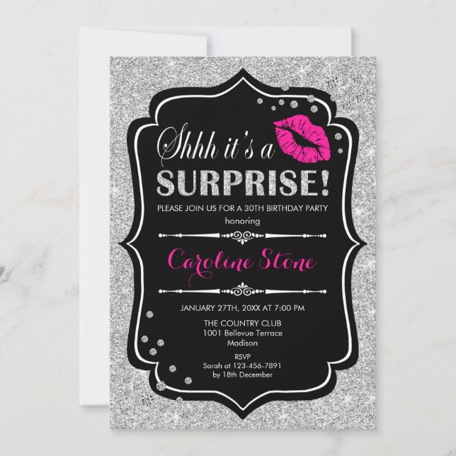 Invitation Surprise Anniversaire - Black Pink Silver (Devant)