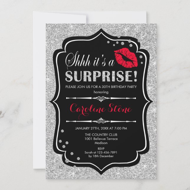 Invitation Surprise Anniversaire - Black Red Silver (Devant)