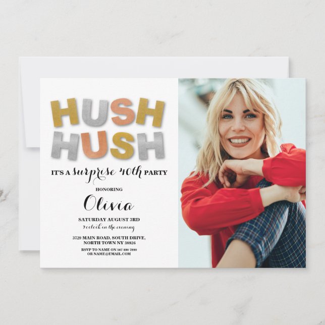 Invitation Surprise Anniversaire Fête Hush Hush Photo Metalli (Devant)