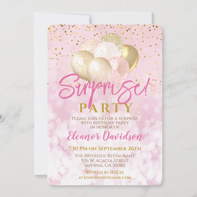 Invitation Surprise Anniversaire Fête Rose Glamour Ballotte (Devant)