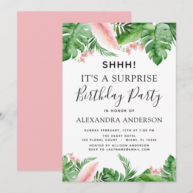 Invitation Surprise Anniversaire Fête Tropical Palm Floral (Devant / Derrière)