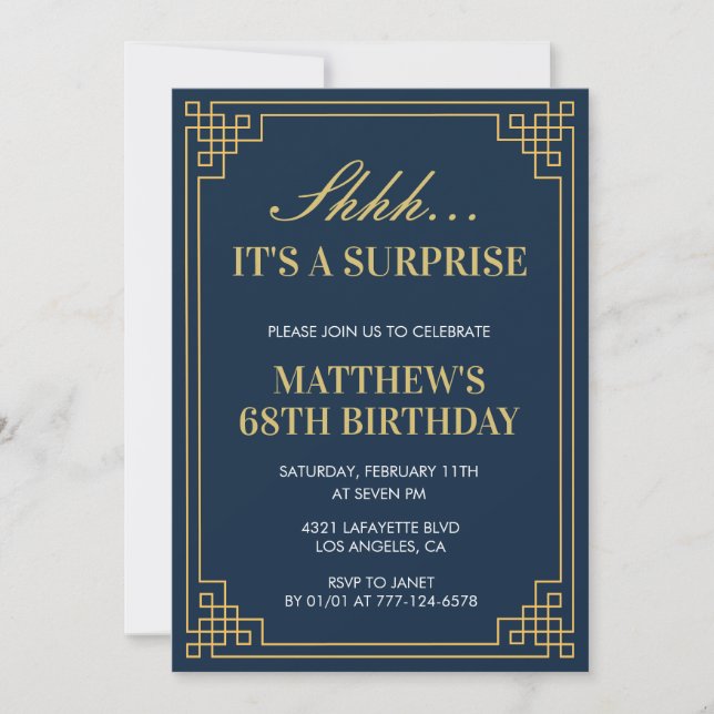 Invitation Surprise Anniversaire Marine bleu Gold Hommes 68e  (Devant)