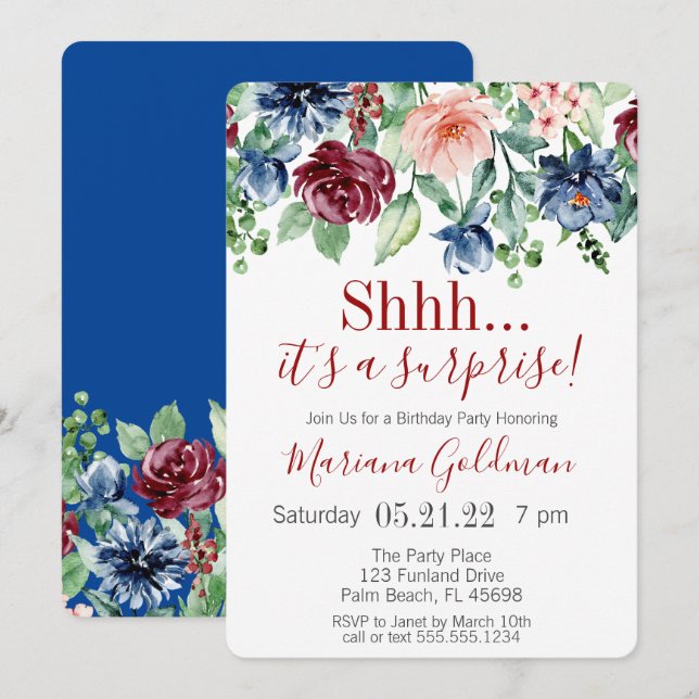 Invitation Surprise Anniversaire Marine Blue Burgundy Party (Devant / Derrière)