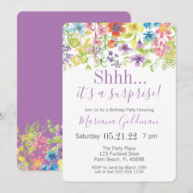 Invitation Surprise Anniversaire Purple Fleur sauvage Party (Devant / Derrière)