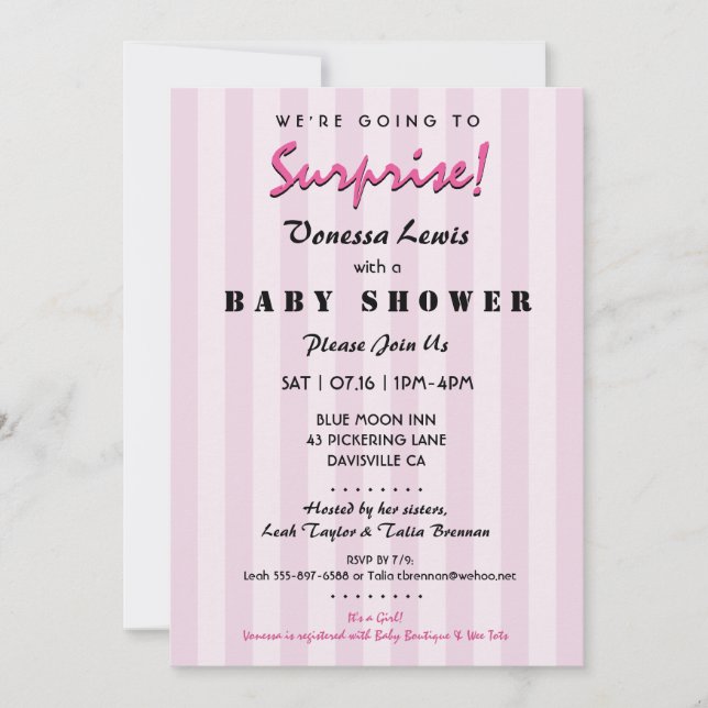 Invitation surprise Baby shower rose rayures (Devant)
