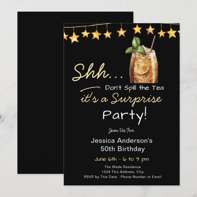 Invitation Surprise Birthday Party Spill the Tea (Devant / Derrière)