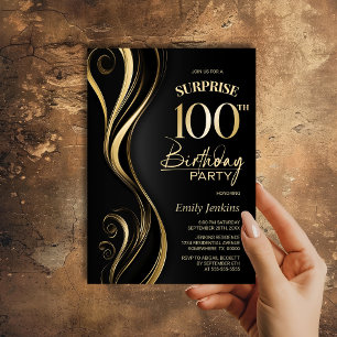Invitation Surprise Black Gold 100e fête d'anniversaire