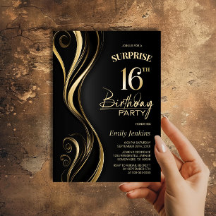 Invitation Surprise Black Gold 16e fête d'anniversaire