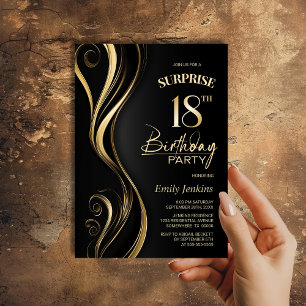 Invitation Surprise Black Gold 18e fête d'anniversaire